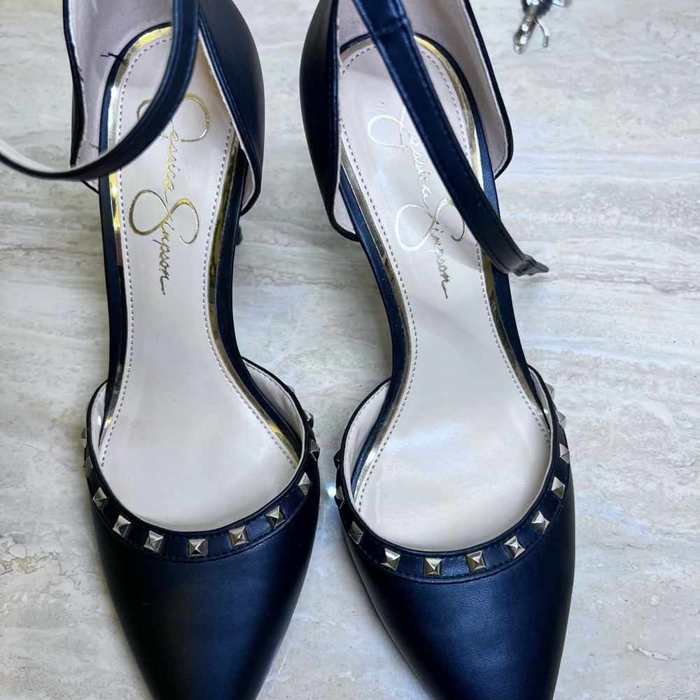 Jessica Simpson Black Pointed-Toe Ankle-Strap Pumps with Gold Toned Studs
